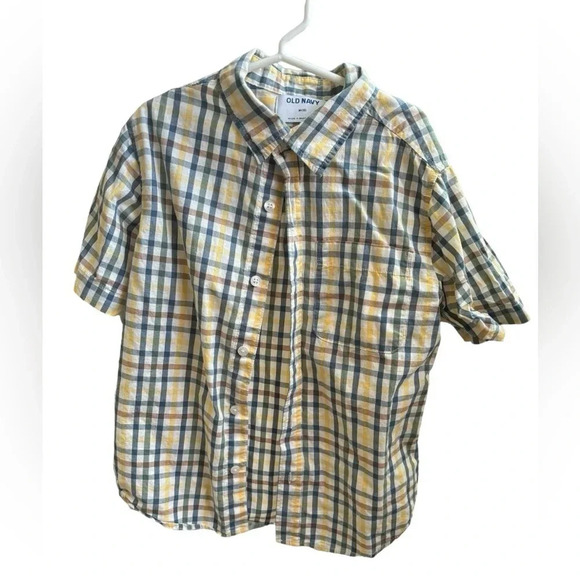 Old Navy. Boys Blue Green Yellow Plaid Short Sleeve Button Down Size 8 - Picture 1 of 4